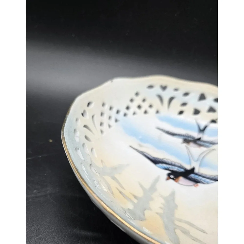 Vintage Hand Painted Pierced Porcelain Bowl Candy Dish Bird Swallow 7.75